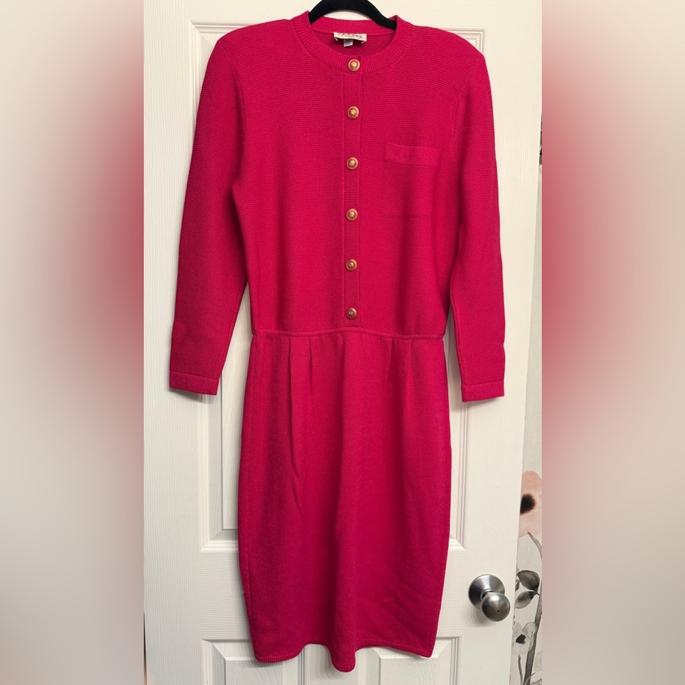 St John Marie Gray Santana Knit Designer Dress Gold Button Vintage 90s